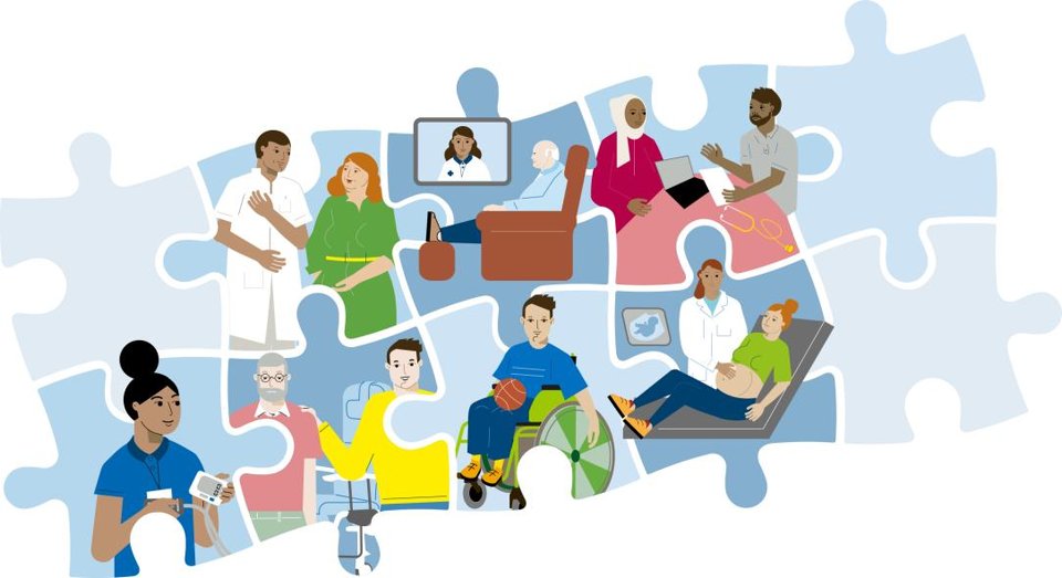 Afbeelding kaderprogramma Passende Zorg. Puzzelstukjes met personen.