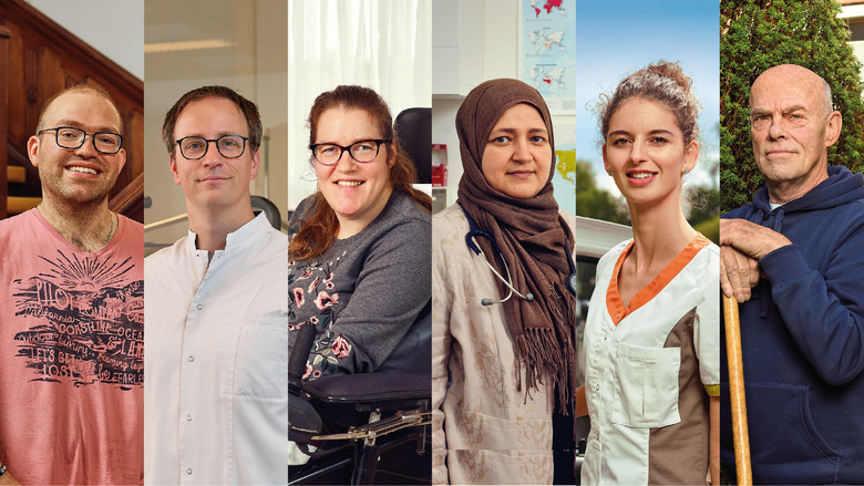 Foto's van zes mensen die in de zorg werken of patiënt zijn